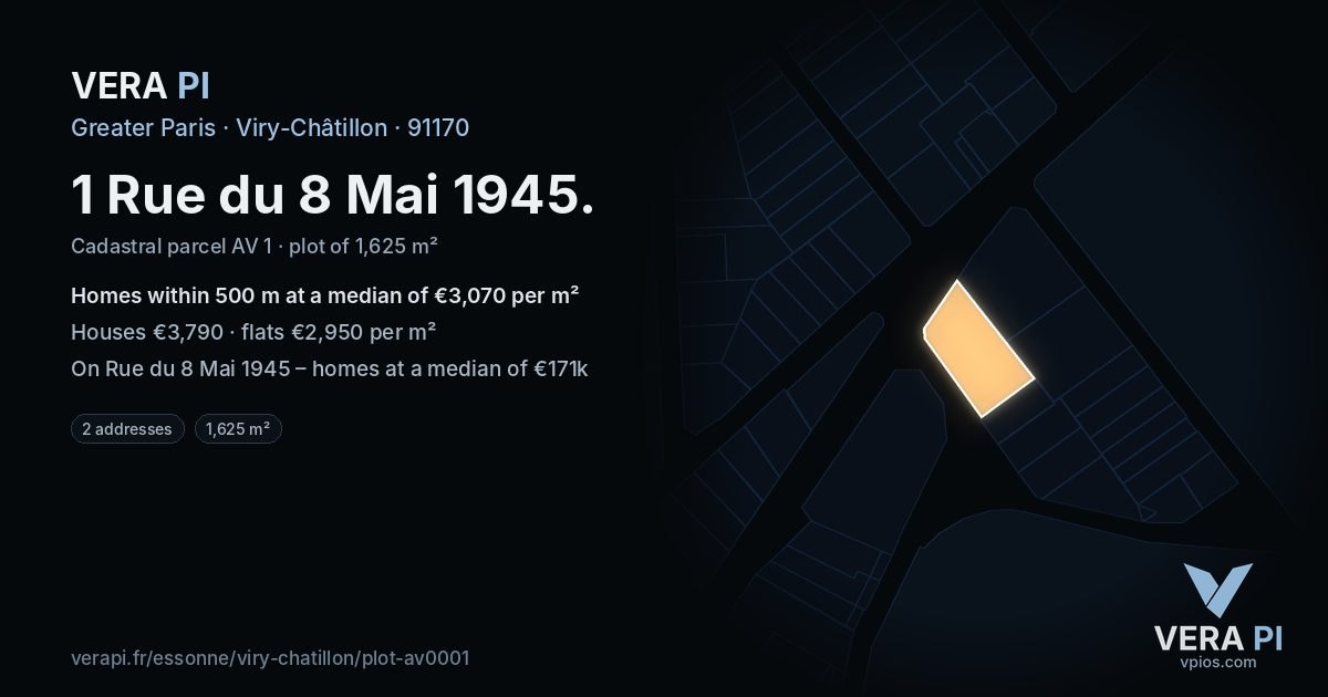 1 Rue du 8 Mai 1945, Viry-Châtillon at night – the plot lit, the parcels around coloured by the prices near them