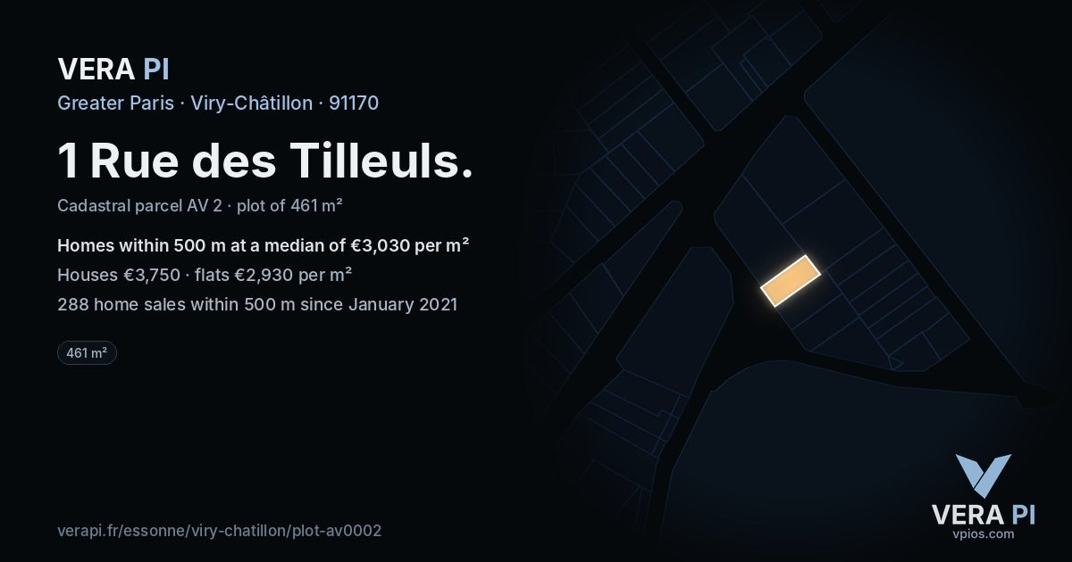 1 Rue des Tilleuls, Viry-Châtillon at night – the plot lit, the parcels around coloured by the prices near them