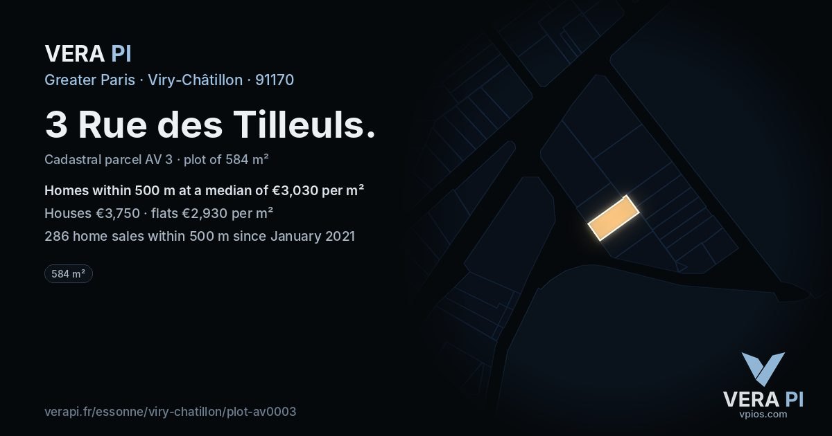 3 Rue des Tilleuls, Viry-Châtillon at night – the plot lit, the parcels around coloured by the prices near them