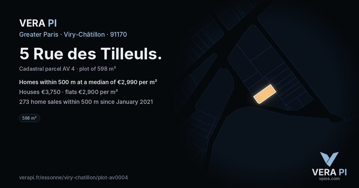 5 Rue des Tilleuls, Viry-Châtillon at night – the plot lit, the parcels around coloured by the prices near them