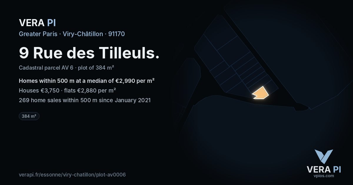 9 Rue des Tilleuls, Viry-Châtillon at night – the plot lit, the parcels around coloured by the prices near them