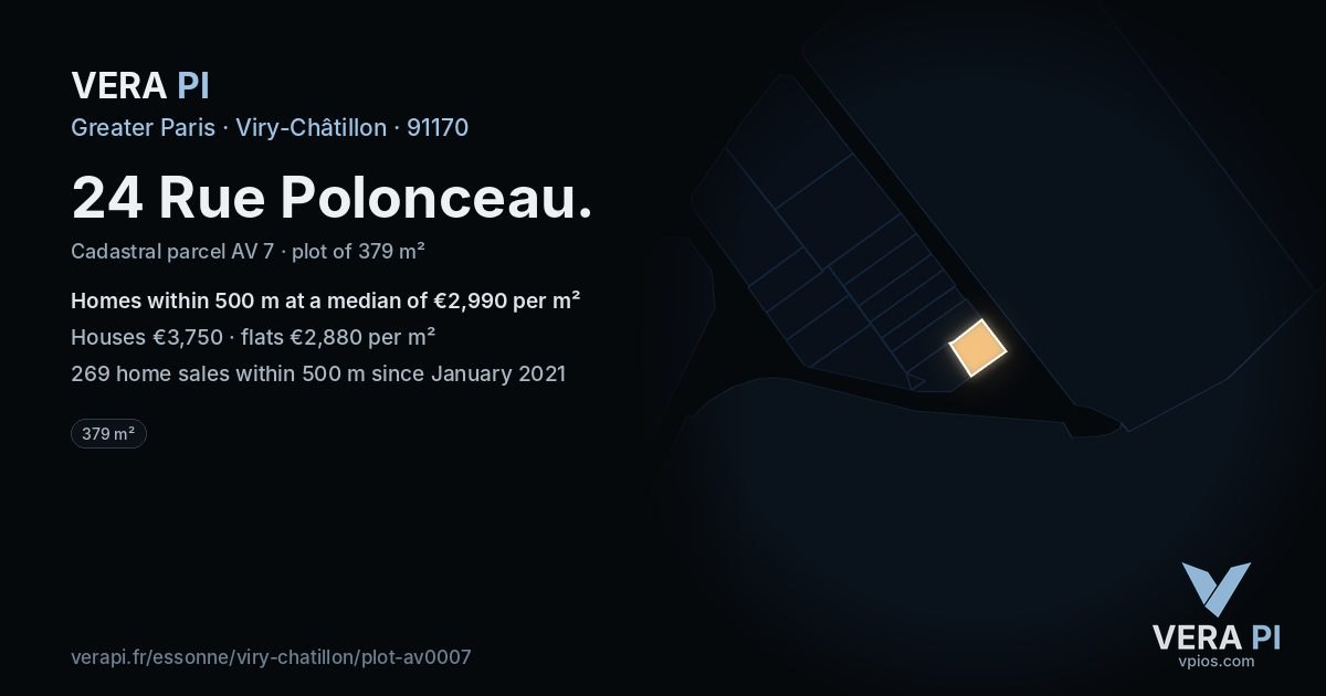 24 Rue Polonceau, Viry-Châtillon at night – the plot lit, the parcels around coloured by the prices near them