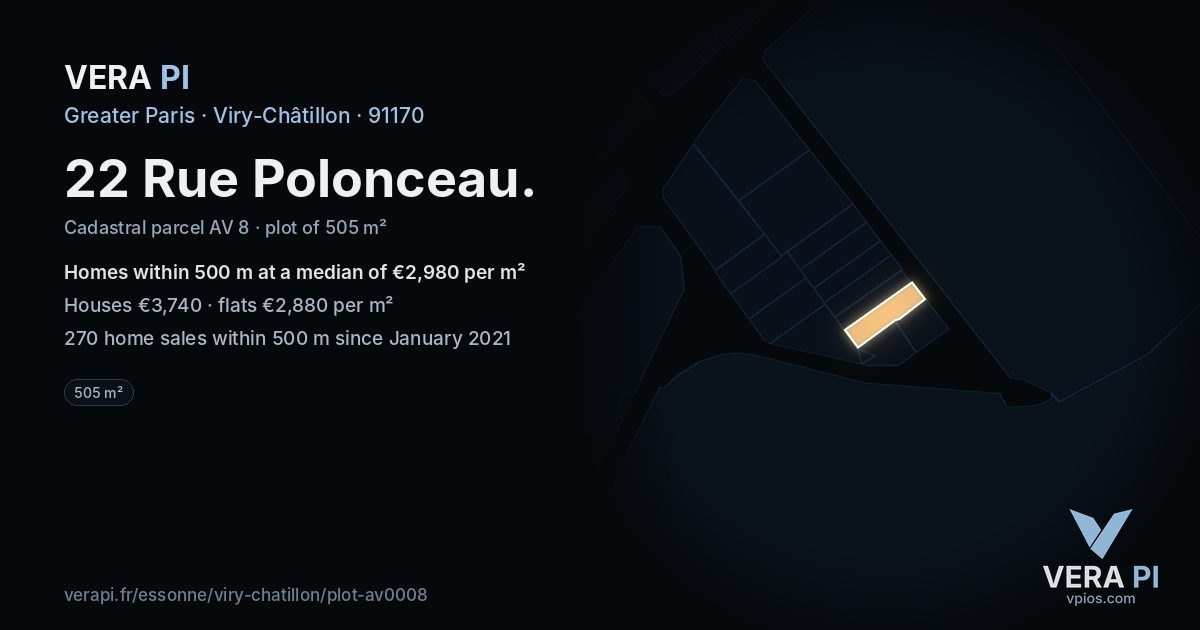 22 Rue Polonceau, Viry-Châtillon at night – the plot lit, the parcels around coloured by the prices near them