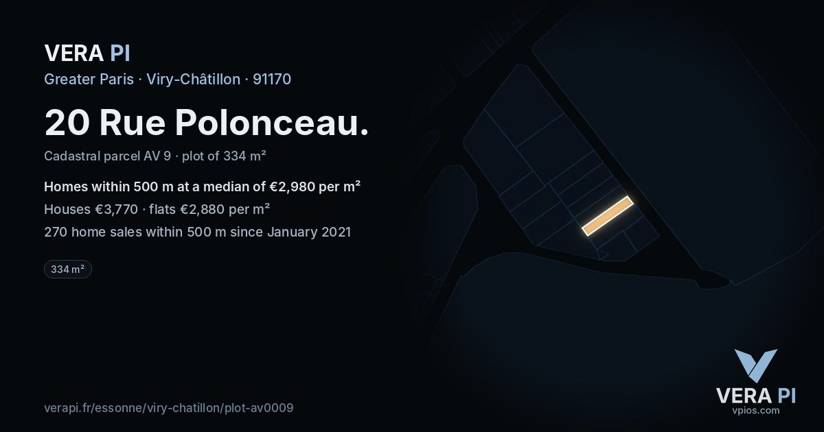 20 Rue Polonceau, Viry-Châtillon at night – the plot lit, the parcels around coloured by the prices near them