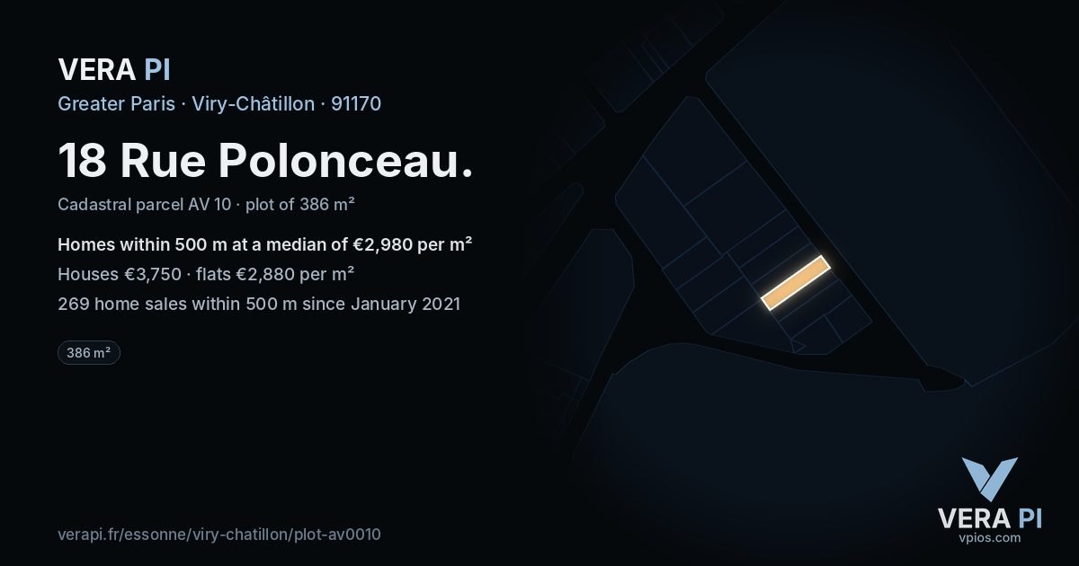 18 Rue Polonceau, Viry-Châtillon at night – the plot lit, the parcels around coloured by the prices near them