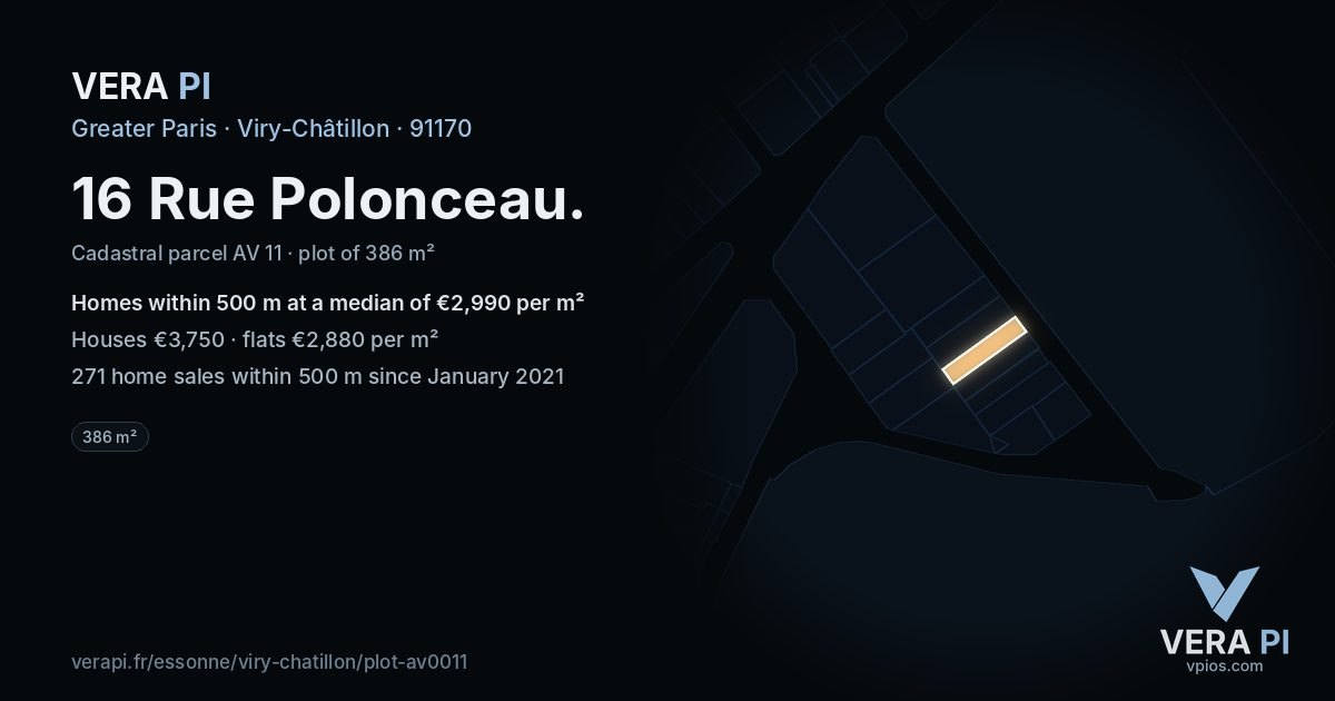 16 Rue Polonceau, Viry-Châtillon at night – the plot lit, the parcels around coloured by the prices near them