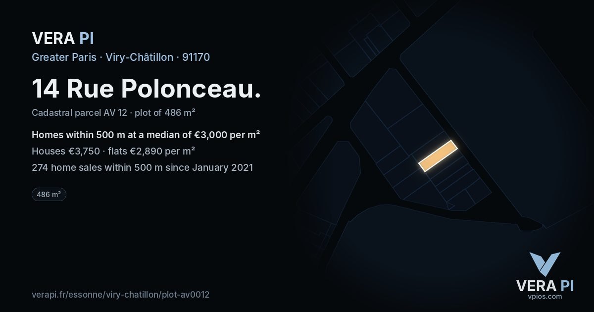 14 Rue Polonceau, Viry-Châtillon at night – the plot lit, the parcels around coloured by the prices near them