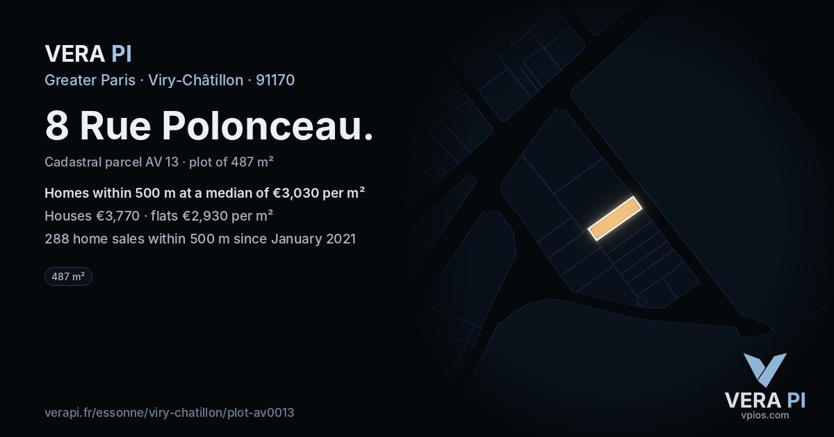8 Rue Polonceau, Viry-Châtillon at night – the plot lit, the parcels around coloured by the prices near them