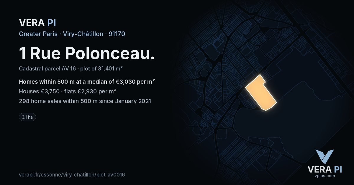 1 Rue Polonceau, Viry-Châtillon at night – the plot lit, the parcels around coloured by the prices near them