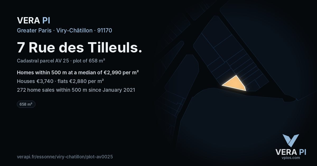 7 Rue des Tilleuls, Viry-Châtillon at night – the plot lit, the parcels around coloured by the prices near them