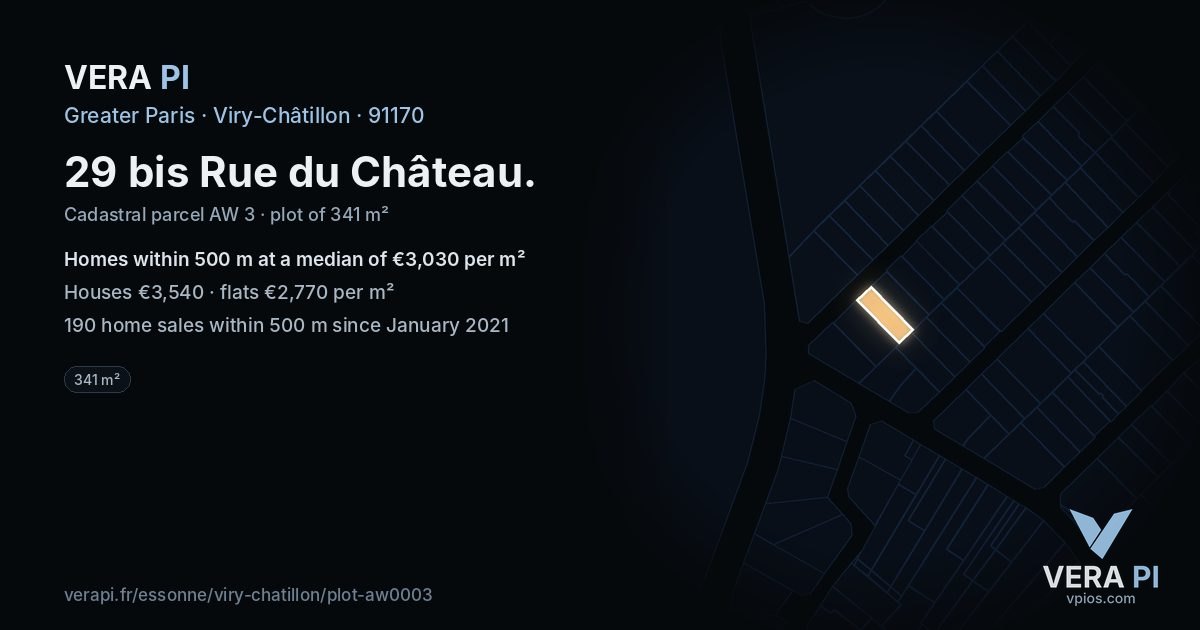 29 bis Rue du Château, Viry-Châtillon at night – the plot lit, the parcels around coloured by the prices near them
