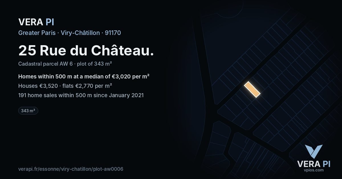 25 Rue du Château, Viry-Châtillon at night – the plot lit, the parcels around coloured by the prices near them