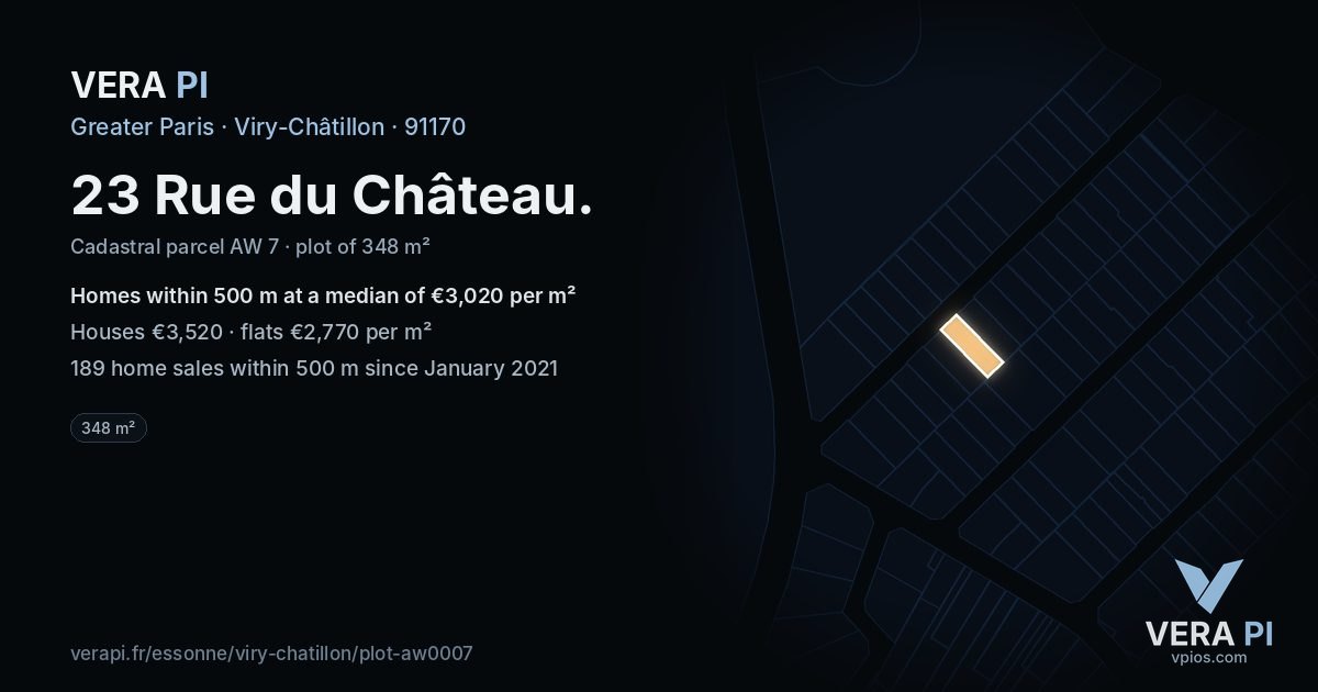23 Rue du Château, Viry-Châtillon at night – the plot lit, the parcels around coloured by the prices near them