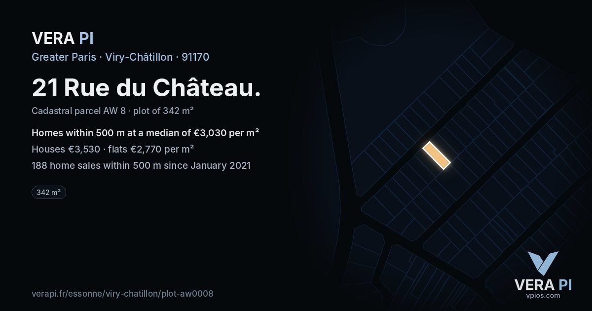 21 Rue du Château, Viry-Châtillon at night – the plot lit, the parcels around coloured by the prices near them