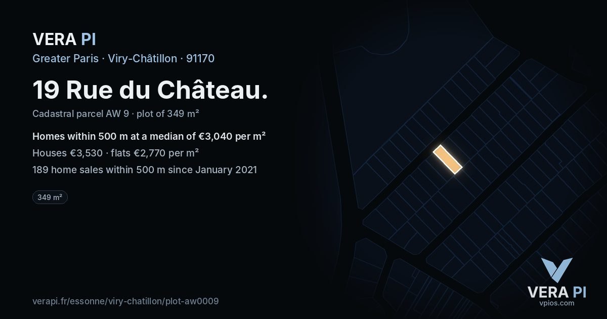 19 Rue du Château, Viry-Châtillon at night – the plot lit, the parcels around coloured by the prices near them