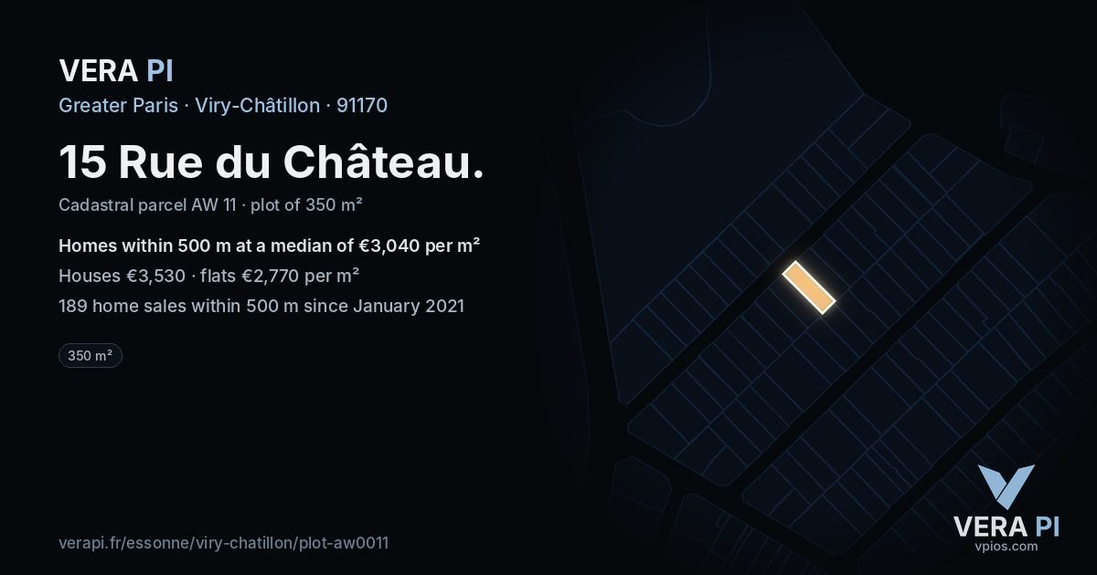 15 Rue du Château, Viry-Châtillon at night – the plot lit, the parcels around coloured by the prices near them