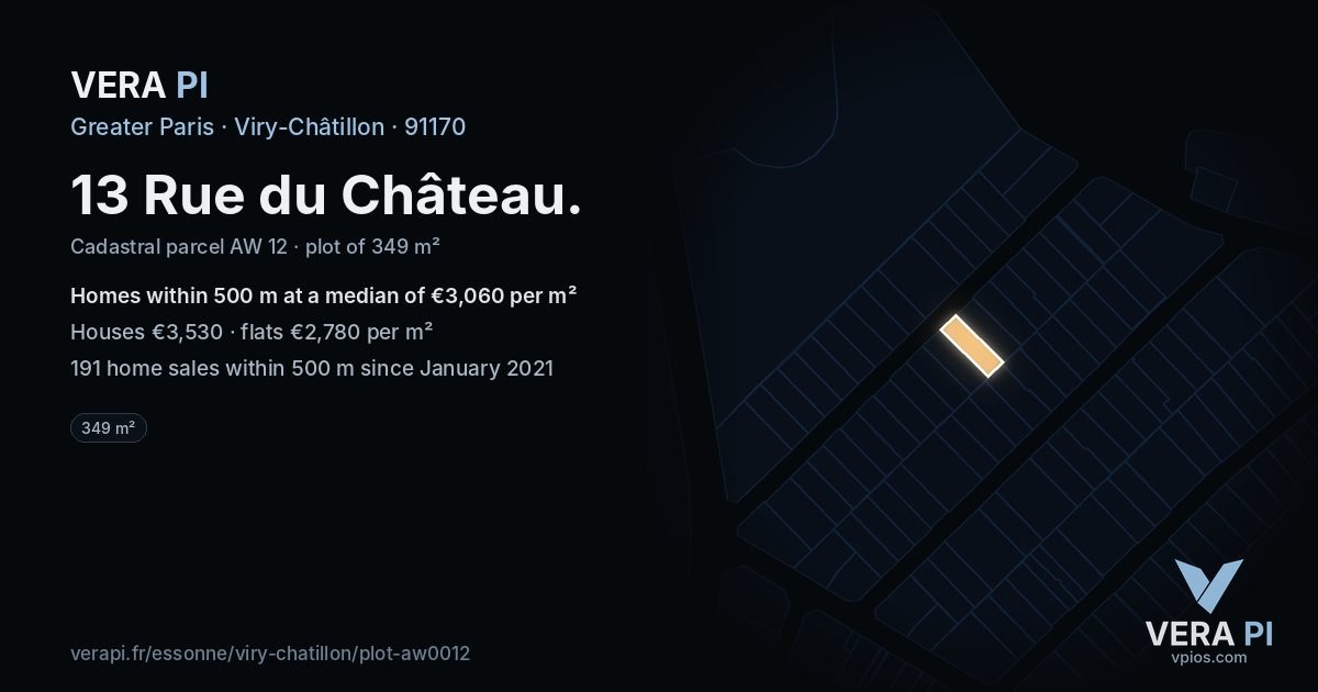 13 Rue du Château, Viry-Châtillon at night – the plot lit, the parcels around coloured by the prices near them