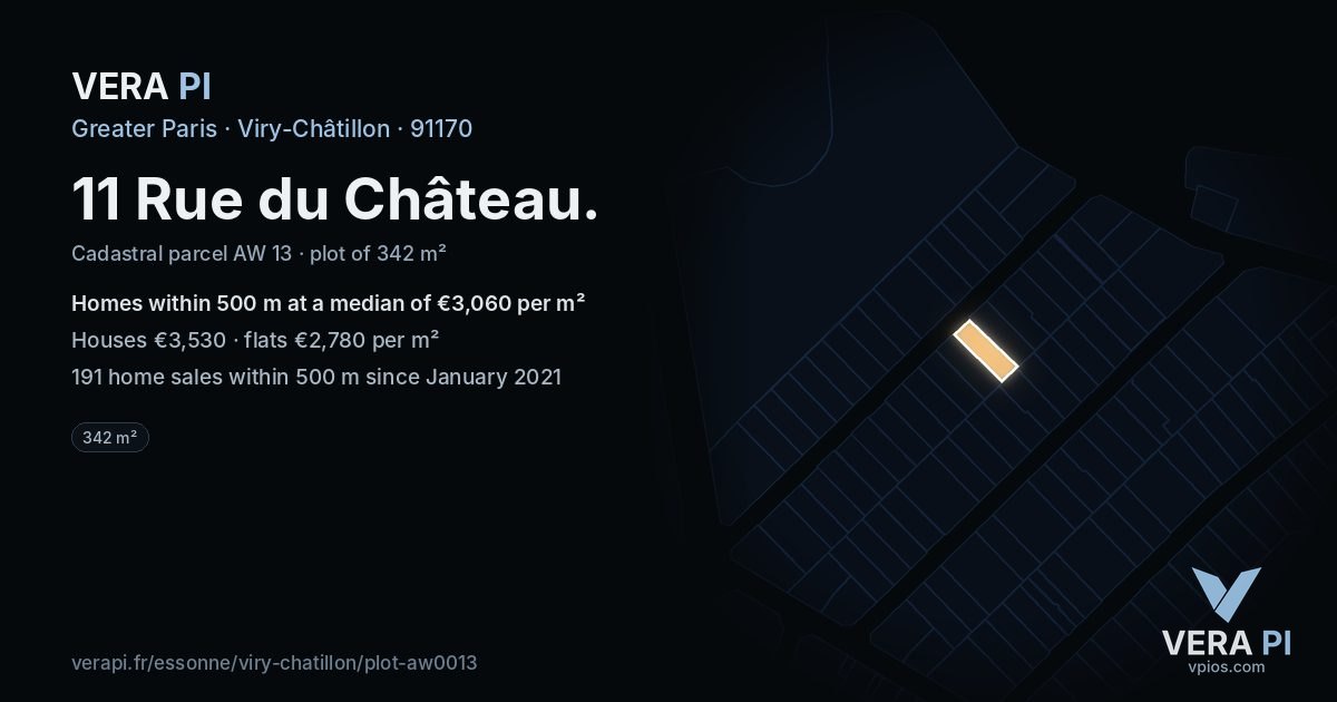 11 Rue du Château, Viry-Châtillon at night – the plot lit, the parcels around coloured by the prices near them