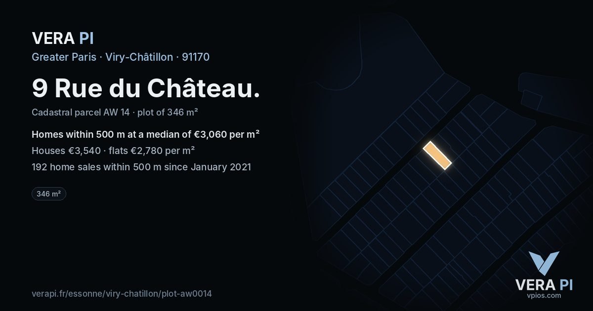 9 Rue du Château, Viry-Châtillon at night – the plot lit, the parcels around coloured by the prices near them