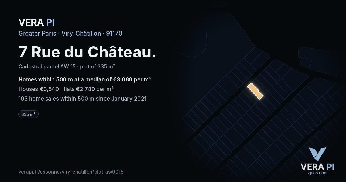7 Rue du Château, Viry-Châtillon at night – the plot lit, the parcels around coloured by the prices near them