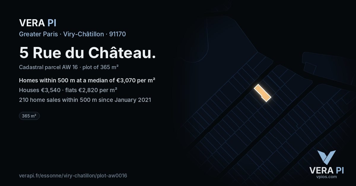 5 Rue du Château, Viry-Châtillon at night – the plot lit, the parcels around coloured by the prices near them