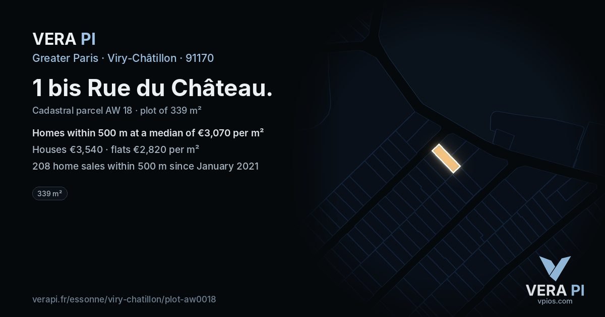 1 bis Rue du Château, Viry-Châtillon at night – the plot lit, the parcels around coloured by the prices near them