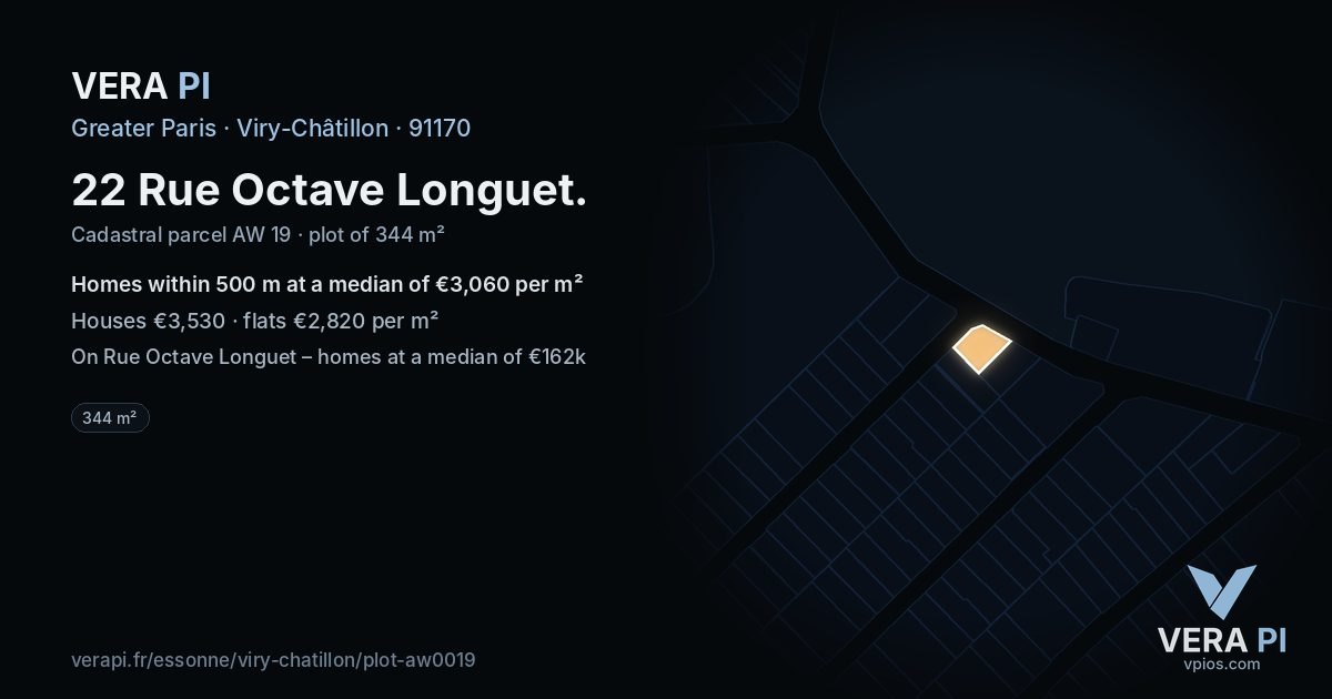 22 Rue Octave Longuet, Viry-Châtillon at night – the plot lit, the parcels around coloured by the prices near them