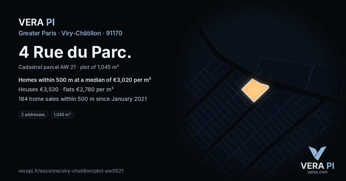 4 Rue du Parc, Viry-Châtillon at night – the plot lit, the parcels around coloured by the prices near them