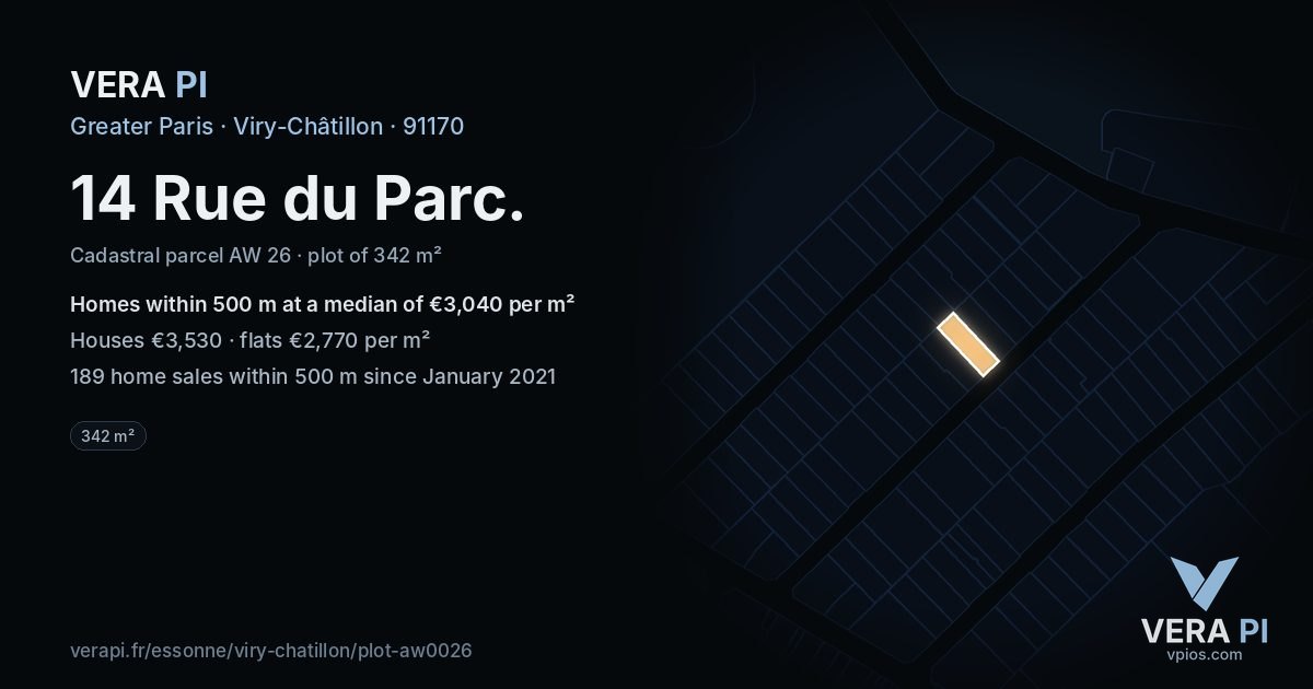 14 Rue du Parc, Viry-Châtillon at night – the plot lit, the parcels around coloured by the prices near them