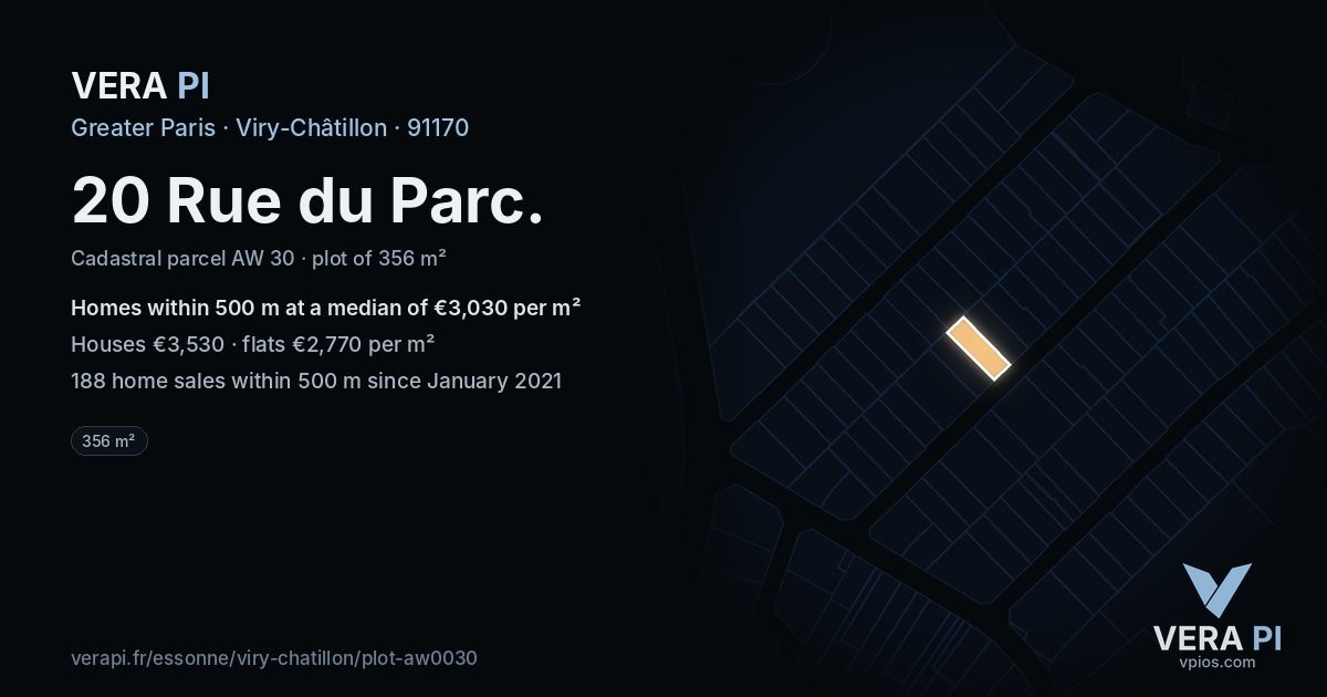 20 Rue du Parc, Viry-Châtillon at night – the plot lit, the parcels around coloured by the prices near them