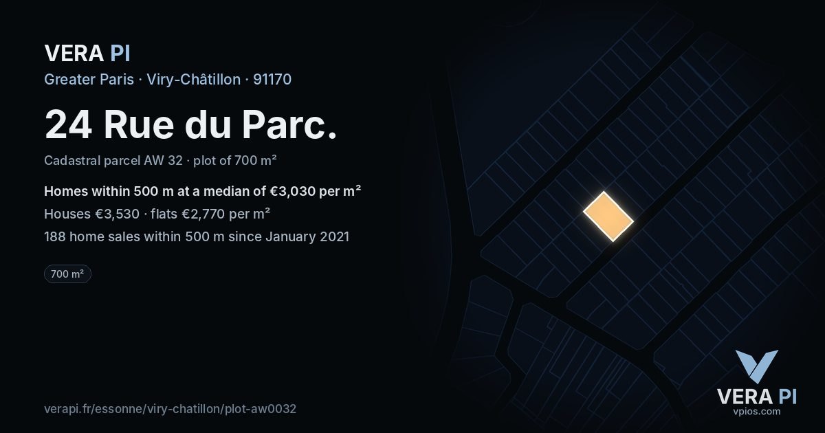 24 Rue du Parc, Viry-Châtillon at night – the plot lit, the parcels around coloured by the prices near them