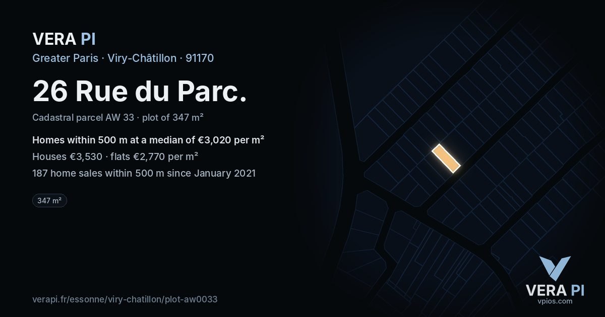 26 Rue du Parc, Viry-Châtillon at night – the plot lit, the parcels around coloured by the prices near them