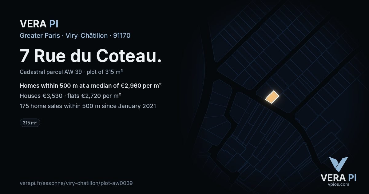 7 Rue du Coteau, Viry-Châtillon at night – the plot lit, the parcels around coloured by the prices near them