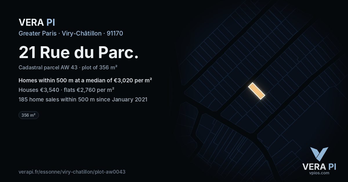 21 Rue du Parc, Viry-Châtillon at night – the plot lit, the parcels around coloured by the prices near them