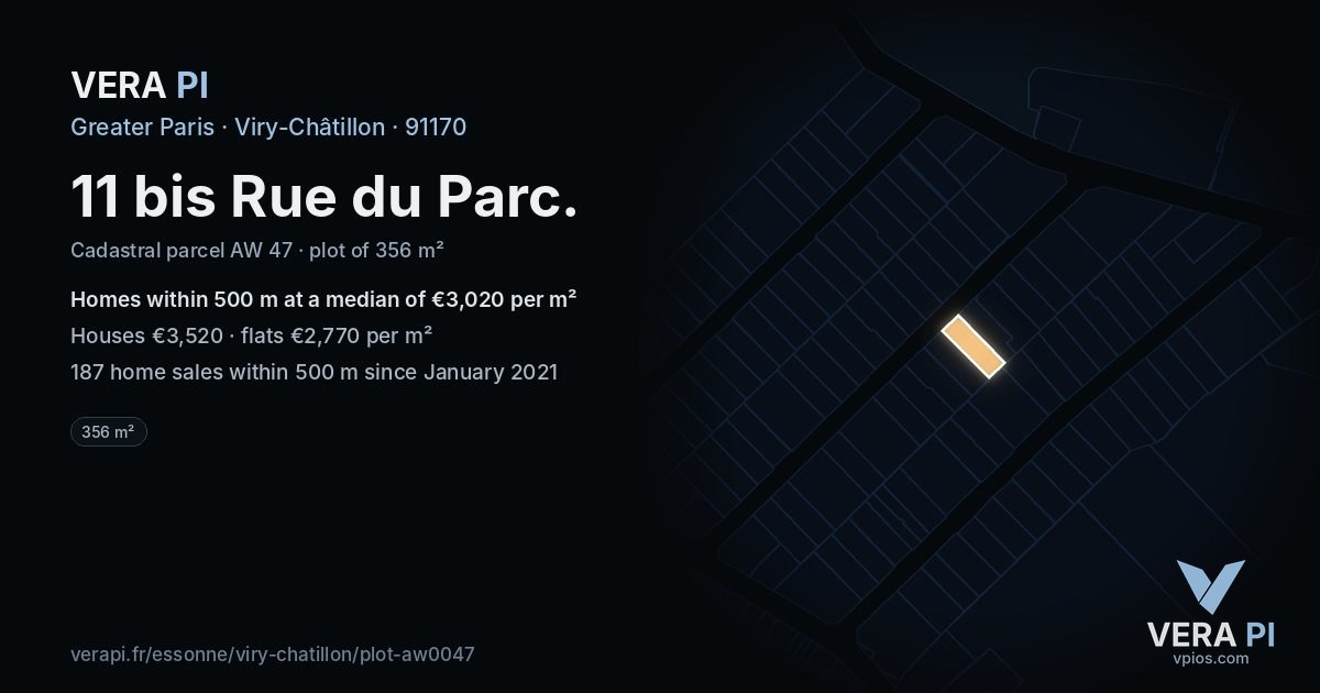 11 bis Rue du Parc, Viry-Châtillon at night – the plot lit, the parcels around coloured by the prices near them