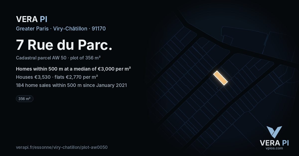 7 Rue du Parc, Viry-Châtillon at night – the plot lit, the parcels around coloured by the prices near them