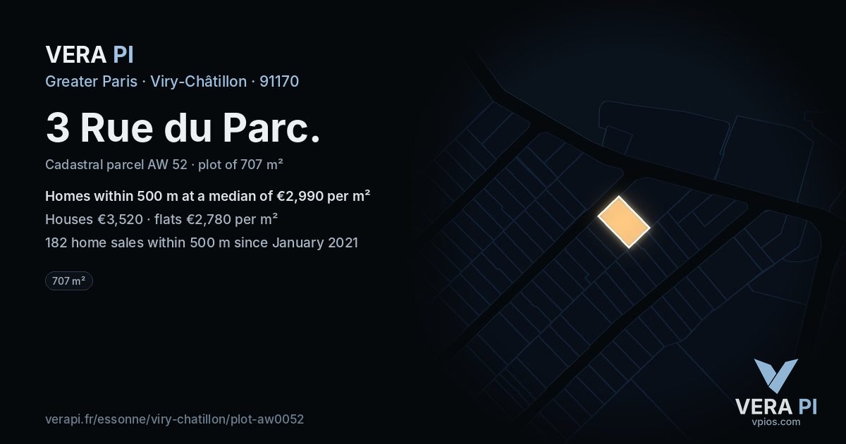 3 Rue du Parc, Viry-Châtillon at night – the plot lit, the parcels around coloured by the prices near them