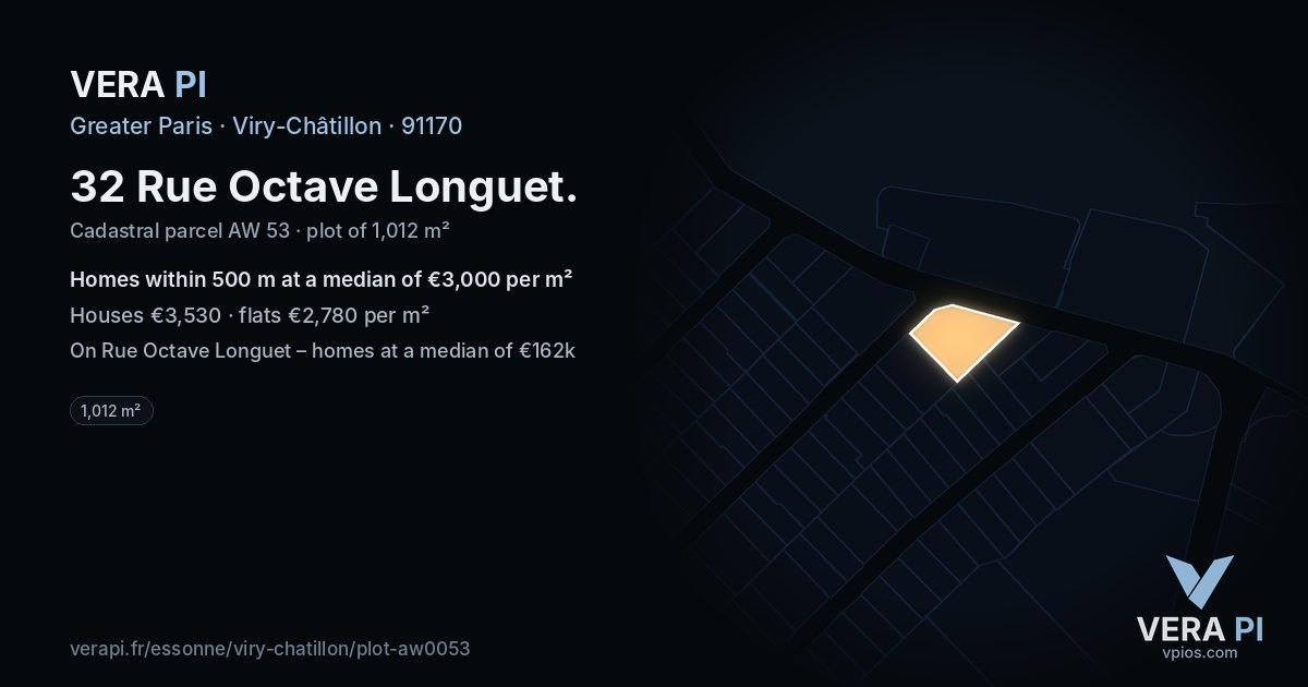 32 Rue Octave Longuet, Viry-Châtillon at night – the plot lit, the parcels around coloured by the prices near them