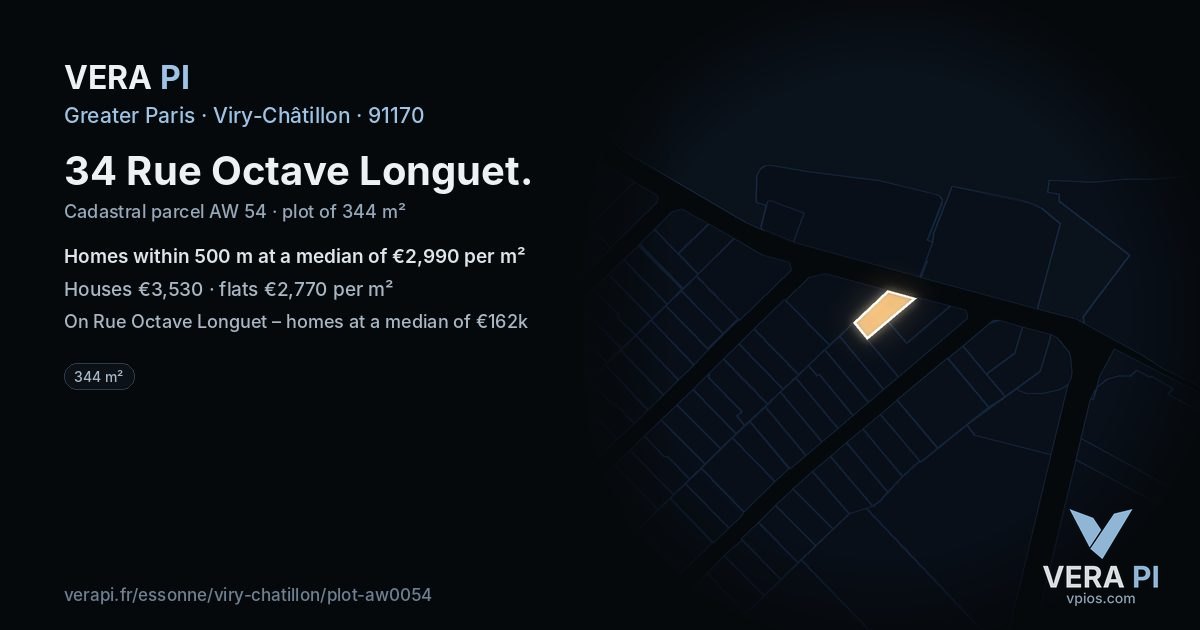 34 Rue Octave Longuet, Viry-Châtillon at night – the plot lit, the parcels around coloured by the prices near them
