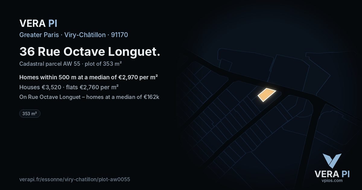 36 Rue Octave Longuet, Viry-Châtillon at night – the plot lit, the parcels around coloured by the prices near them