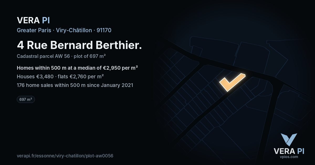 4 Rue Bernard Berthier, Viry-Châtillon at night – the plot lit, the parcels around coloured by the prices near them
