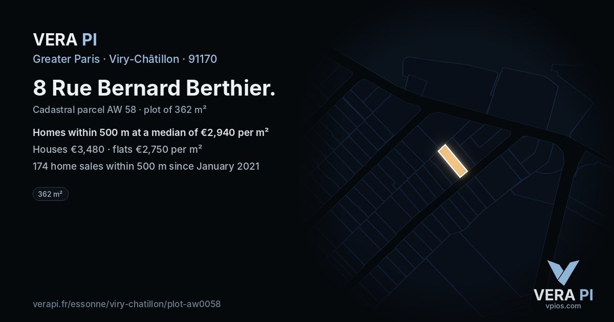 8 Rue Bernard Berthier, Viry-Châtillon at night – the plot lit, the parcels around coloured by the prices near them