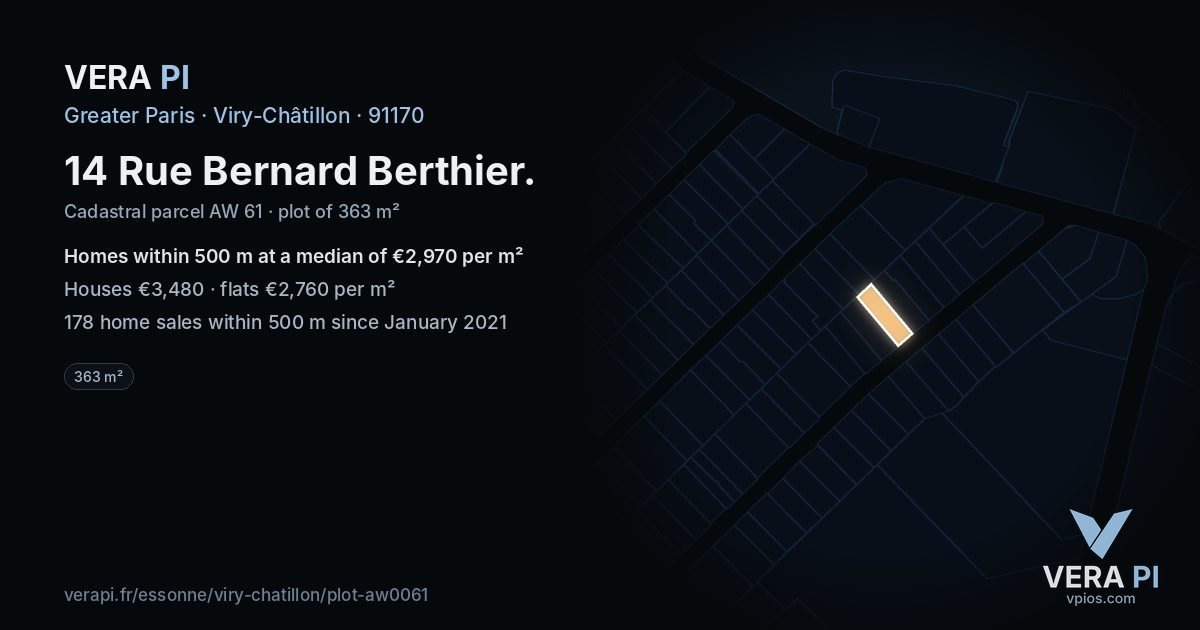 14 Rue Bernard Berthier, Viry-Châtillon at night – the plot lit, the parcels around coloured by the prices near them
