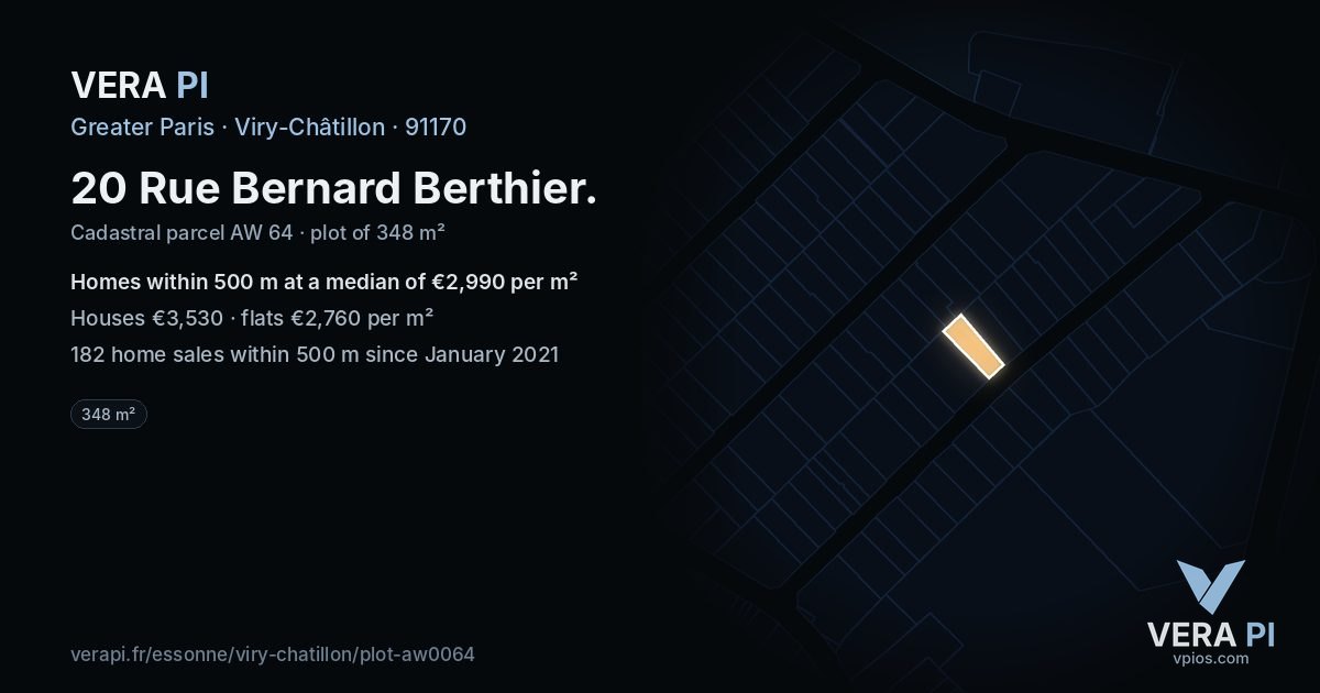 20 Rue Bernard Berthier, Viry-Châtillon at night – the plot lit, the parcels around coloured by the prices near them
