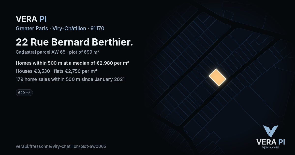 22 Rue Bernard Berthier, Viry-Châtillon at night – the plot lit, the parcels around coloured by the prices near them