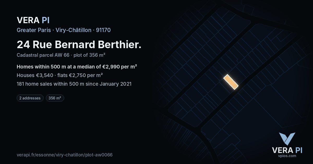 24 Rue Bernard Berthier, Viry-Châtillon at night – the plot lit, the parcels around coloured by the prices near them