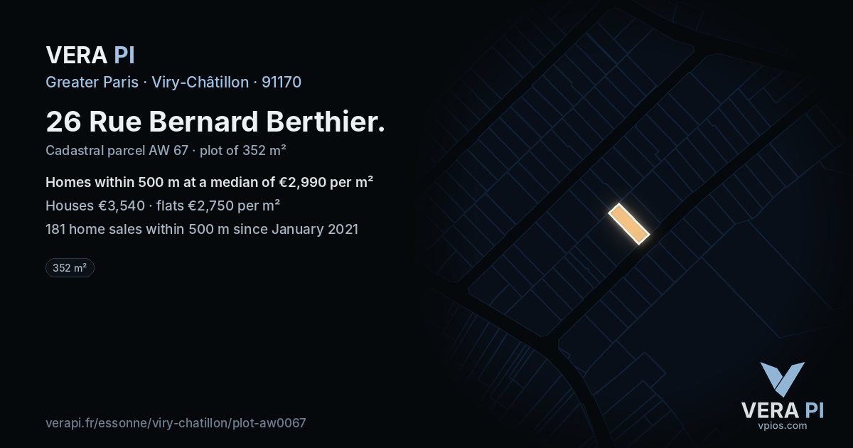 26 Rue Bernard Berthier, Viry-Châtillon at night – the plot lit, the parcels around coloured by the prices near them