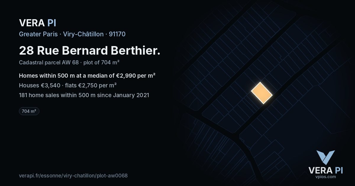 28 Rue Bernard Berthier, Viry-Châtillon at night – the plot lit, the parcels around coloured by the prices near them