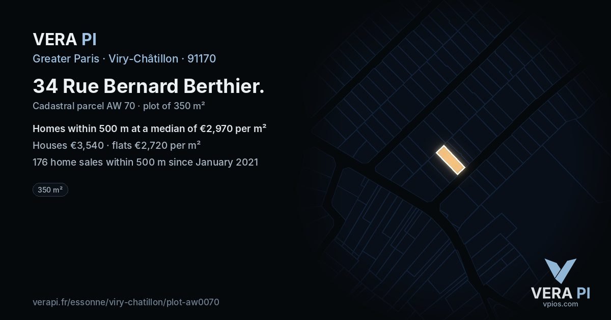 34 Rue Bernard Berthier, Viry-Châtillon at night – the plot lit, the parcels around coloured by the prices near them