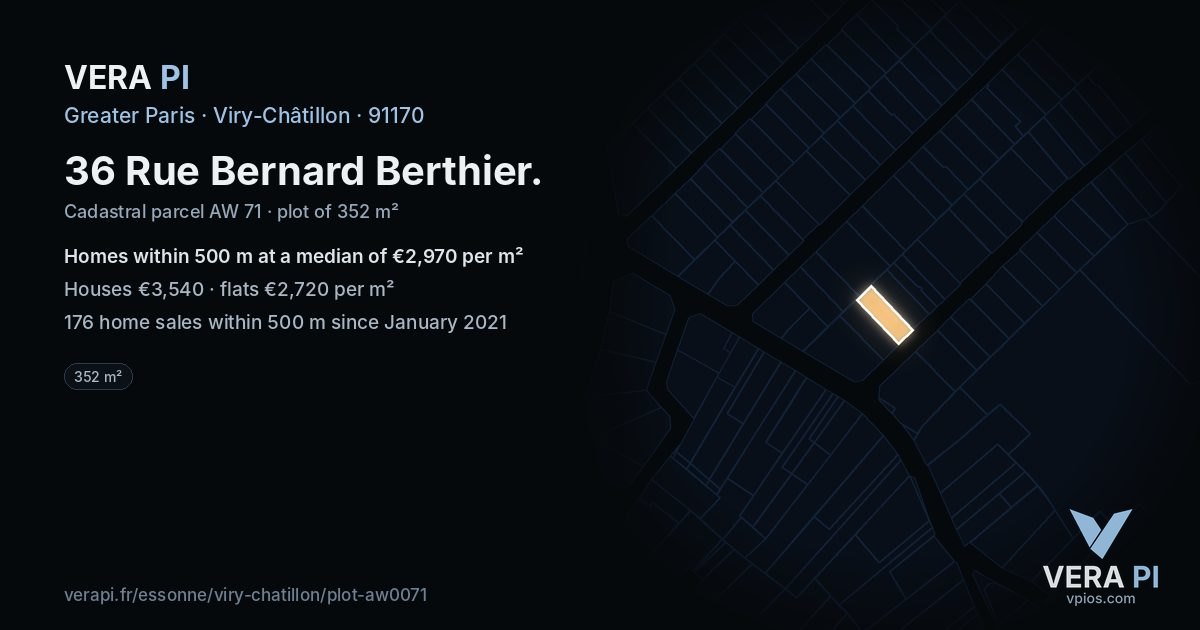 36 Rue Bernard Berthier, Viry-Châtillon at night – the plot lit, the parcels around coloured by the prices near them
